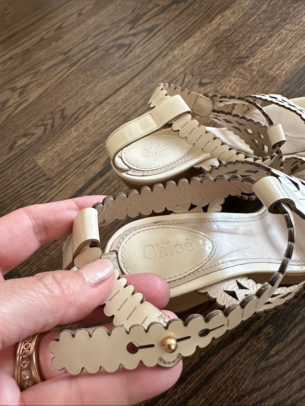 Chloé White Laser-Cut Leather Wedge Sandals with Tan Platform - Picture 7 of 14